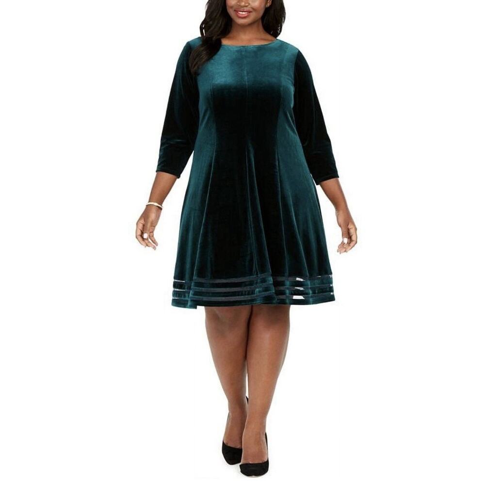 NWT Jessica Howard Women's Holiday Green Velvet Midi Fit &Flare Dress Size 16W
